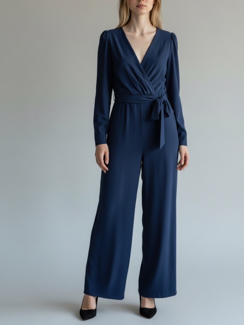 Antonio Melani Deep Navy Long Sleeve Wrap Jumpsuit with Waist Tie Size 10